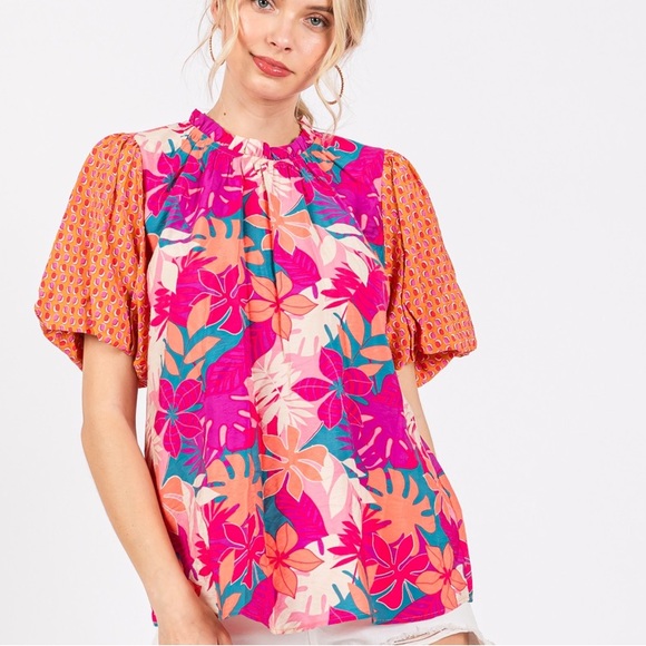 31 Boho Contrast Floral Print Woven Blouse Top - Picture 6 of 6